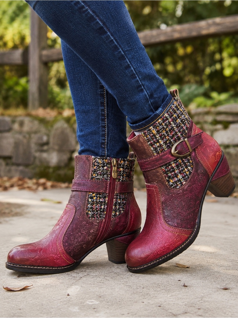 Spring Step L’Artiste Women 37 US 6.5-7 Burgundy Leather Tweed Ankle Boots